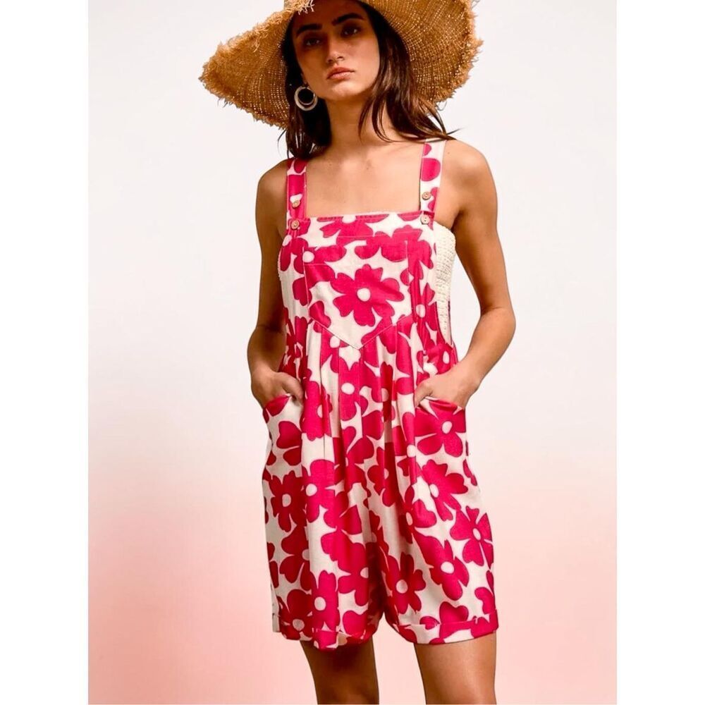 Bibi Floral Romper Pink Summer Boho Romper Pocket Short Overall Shortalls NEW - Picture 3 of 13